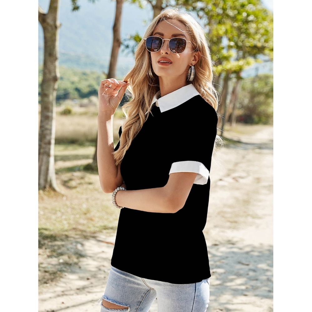 Black Blouse Shirt White Collar - Picture 4 of 12